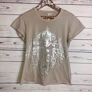Johnny Was Beige Short Sleeve Tee with Silver Foil Crest - L